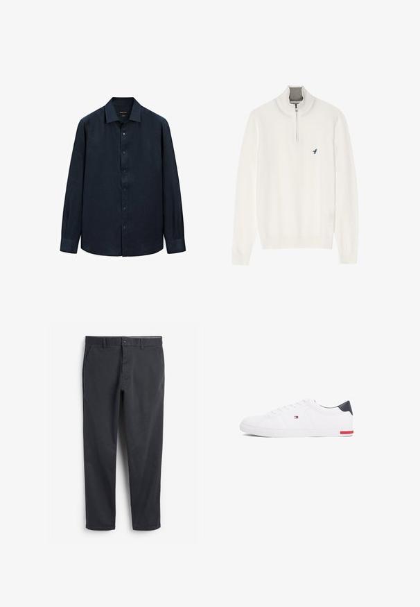 Maglione bianco a maglia con collo alto, caratterizzato da una zip a quarto e un piccolo logo di un uccellino blu sul petto a sinistra. Tessuto morbido, polsini a coste.; Camicia a maniche lunghe avanguardistica di colore blu navy realizzata in lino, con colletto a punta, pattina frontale e polsini. Presenta una texture sottile e un design leggero.; Chinos grigio scuro con fronte piatto, tasche laterali e chiusura con bottone. Tessuto di cotone liscio, design con gamba affusolata e stile minimalista.; Sneakers bianchi a punta bassa realizzati in pelle liscia. Presentano una tomaia blu navy sul tallone e un accento rosso sulla suola. Sei occhielli per i lacci.