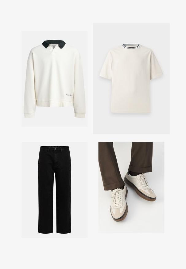 Oficialus kaklo megztinis kreminės spalvos, pagamintas iš medvilnės, su kontrastingu tamsiai žaliu apykakle. Turi gumbuotą tekstūrą ir siuvinėtą logotipą prie šoninės siūlės.; Kremo spalvos medvilninė marškinėlių su trumpomis rankovėmis, suapvalintu iškirpimu, puoštu tamsiai mėlynomis ir baltomis juostelėmis. Glotni tekstūra, laisvas sijonas.; Juodi džinsai su tiesiu kirpimu, klasikinio penkių kišenių dizainu ir mygtuko užsegimu juosmens zonoje. Lygus tekstūras ir patvari medžiaga.; Bežiniai sportbačiai su tekstūruotu zomšinės priekine dalimi, lygiomis odinėmis šoninėmis dalimis ir ruda guminėmis padais. Į komplektą įeina juostelės ir šviesūs siuvimo detalės.