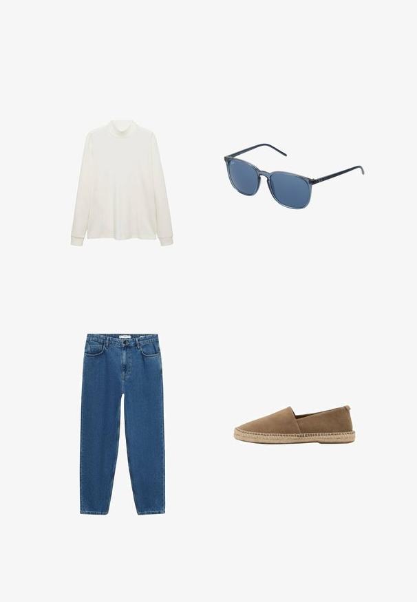 Witte coltrui met lange mouwen gemaakt van een zachte, gladde stof. Heeft een aansluitende nek en mouwen met een ontspannen pasvorm. Minimalistisch design.; Lichtblauwe denim jeans met een rechte pijp, voorzien van een klassieke vijf-pocket stijl en een knoopsluiting bij de taille.; Bruine suède instapschoen met een spitse neus, voorzien van een geweven jute zool en een kleine hak aan de achterkant voor ondersteuning. Soepele textuur en minimalistisch ontwerp.; Blauwe rechthoekige zonnebril met grijs getinte lenzen, kunststof montuur, metalen accenten en een matte afwerking op de pootjes.