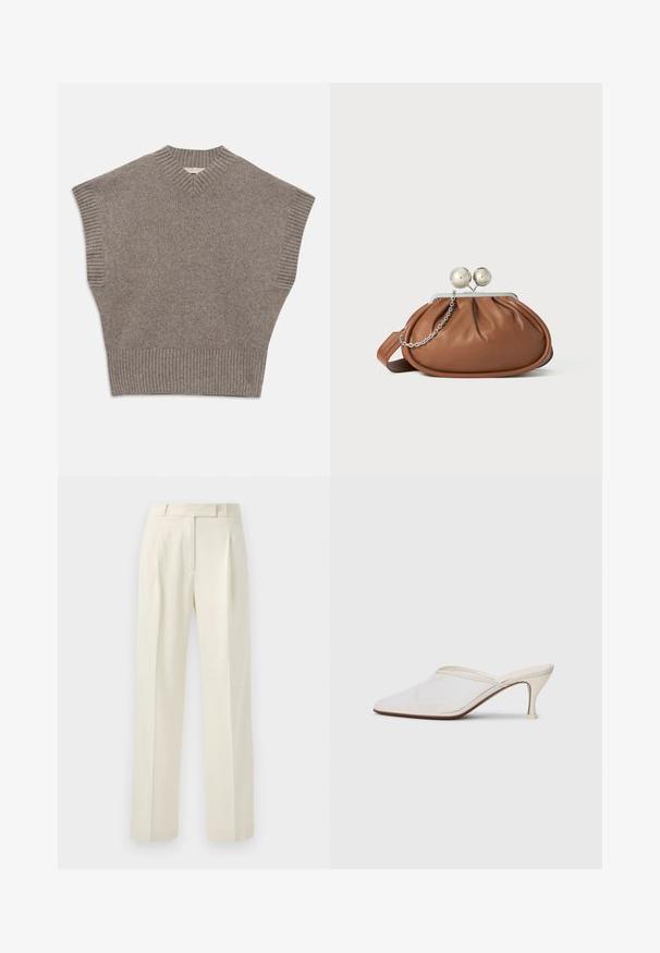 Pelēkā adīta bez piedurknēm džemperīša veste ar V-veida kakla izgriezumu un ribota apkakle, roku atveres un apakšmali uz baltā fona.; Krēmkrāsas bikses ar pielāgotu piegriezumu, ar taisnu fronti, izmaiņām un taisnām kājām, kas izgatavotas no mīksta, teksturēta auduma.; Baltas austs punka purngals mūlis ar šauru vidēji augstu papēdi un uzvelkamu dizainu uz vienkārša fona.; Brūna ādas clutch soma ar sudraba poga aizdari un nelielu sudraba ķēdes detaļu uz baltā fona.