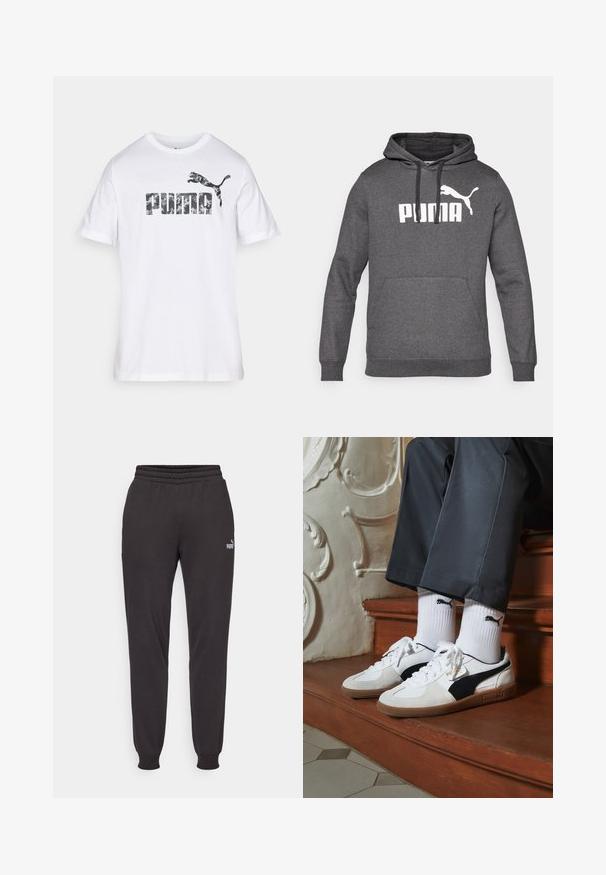 Grauer Kapuzenpullover mit Kängurutasche, gerippten Bündchen und weißem Puma-Logo auf der Brust. Weicher Stoff.; Weißes T-Shirt mit kurzen Ärmeln aus Baumwolle, das ein großes Camouflage-Muster mit dem "PUMA"-Logo und einer darüber abgebildeten springenden Puma-Grafik zeigt.; Schwarze Jogginghosen aus weichem Stoff, mit elastischem Bund, gebündelten Knöcheln und einem dezenten Logo auf dem linken Oberschenkel.; Puma-Sneaker aus weißem und schwarzem Wildleder mit einer braunen Gummisohle. Kombiniert mit weißen Socken, die ein schwarzes Logo zeigen, getragen zu dunklen Hosen.