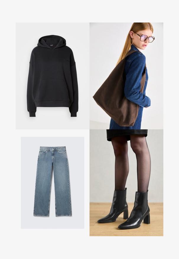 Felpa nera realizzata in tessuto misto cotone. Presenta una tasca frontale, cappuccio con coulisse e polsini a coste. Dettaglio del logo discreto sul petto.; Jeans azzurri chiari a vita alta con gamba dritta, tasche anteriori, passanti per la cintura e chiusura con bottone su uno sfondo bianco.; Stivaletti neri in pelle con punta affusolata, tacco quadrato imponente e design elegante. Dotati di pannelli laterali elasticizzati per una facile vestibilità.; Borsa a tracolla in pelle marrone con una texture morbida, caratterizzata da un design ampio e una sola tracolla. Indossata con un giubbino di jeans blu.; Orecchini a cerchio in argento con una finitura liscia e lucida. Forma rotonda con un design leggermente curvato e bordi sfumati. Chiusura a perno.