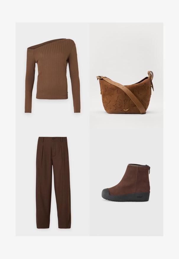 Ruda juostuota ilgomis rankovėmis palaidinė su nesimetrine apykakle. Pagaminta iš elastingo audinio su lygiu paviršiumi ir prigludusia siluetu.; Rudi pleišeti kelnaičiai su tiesiomis kojomis, turintys priekį mygtukų uždarymą ir tekstūruotą audinį, tinkantys oficialioms progoms.; Rudi odiniai aulinukai iki kulkšnies su apvaliu priekiniu variantu, tekstūruotu juodu guminiu padu ir šoniniu užtrauktuku. Neryškus prekės ženklas ant kulno ir netoli užtrauktuko.; Ruda suedes pečių rankinė su išsiuvinėtu gėlės dizainu, papildyta lygiu ruduo odos diržu ir auksinės spalvos detalėmis.