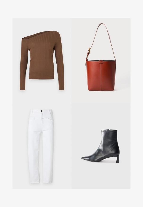 Pruun sooniline pikkade varrukatega topp, millel on õlavarrevahe disain. Valmistatud venivast kangast, millel on sile tekstuur ja kehakumerust järgiv lõige.; Valged denimid, millel on kõrge vöökoht, sirge lõige, kaks esistataskut ja üks tagatasku. Omab metallist nööpi ja lukku.; Mustad mustall nahkasaabas terava nina ja stiilse disainiga. Omab madalat konts ja luku sulgemist taga. Sile tekstuur.; Pruun nahast ämbri kott reguleeritava õlavööga ja kuldse määrdega, lihtne vertikaalne õmblusdetail ees.