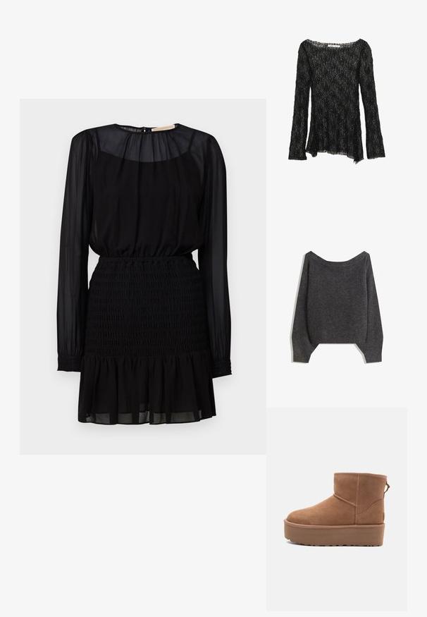 Pulover off-the-shoulder de culoare gri închis, cu guler cu nervuri și mâneci tip balon, fabricat dintr-un material tricotat texturat. Detalii cu tiv scurt.; Rochie neagră cu mâneci lungi din material transparent, talie smockată și tiv învolburat cu straturi. Fabricată dintr-un material ușor și fluid.; Top din dantelă neagră cu o croială lejeră, mâneci lungi și decolteu larg. Are un model texturat și accente subtile de sclipici în întreaga sa suprafață.; Botine din suede de culoare bej, cu talpă platformă, vârf rotund și detalii de cusătură; dispune de un mânere la spate pentru a fi ușor de încălțat.