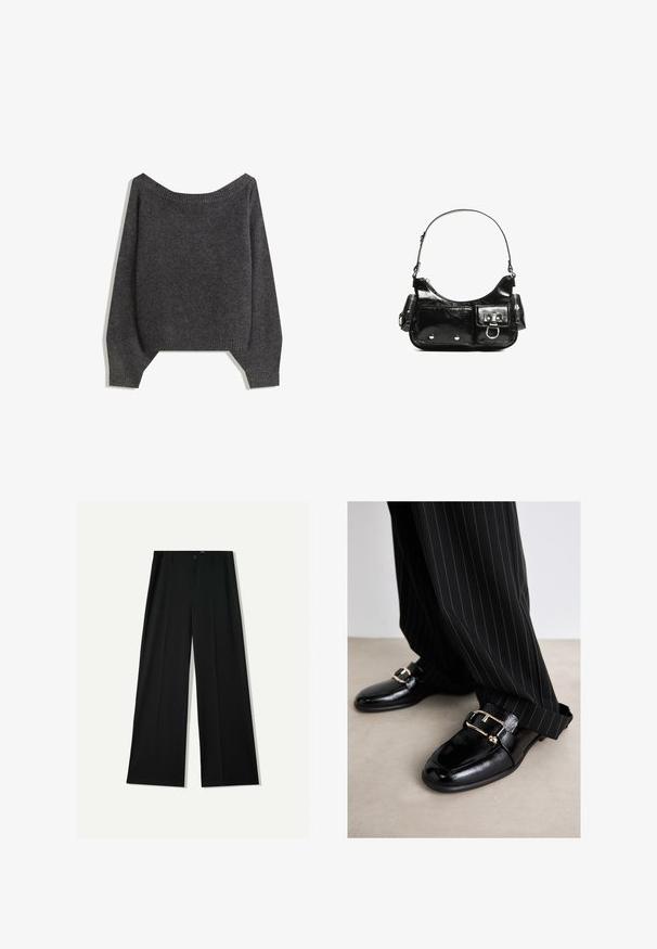 Donkergrijze off-the-shoulder trui met geribbelde halslijn en ballonmouwen, gemaakt van een gestructureerde brei stof. Details van de cropped zoom.; Bershka WIDE - Broek - black; Zwarte leren schoenen met een glanzende afwerking, voorzien van een grote gouden gesp en band, gecombineerd met zwart gestreepte broek.; Zwarte laarzen in lakleer met een gebogen vorm, één schouderband, voorvakken en accenten in zilverkleurig metaal.