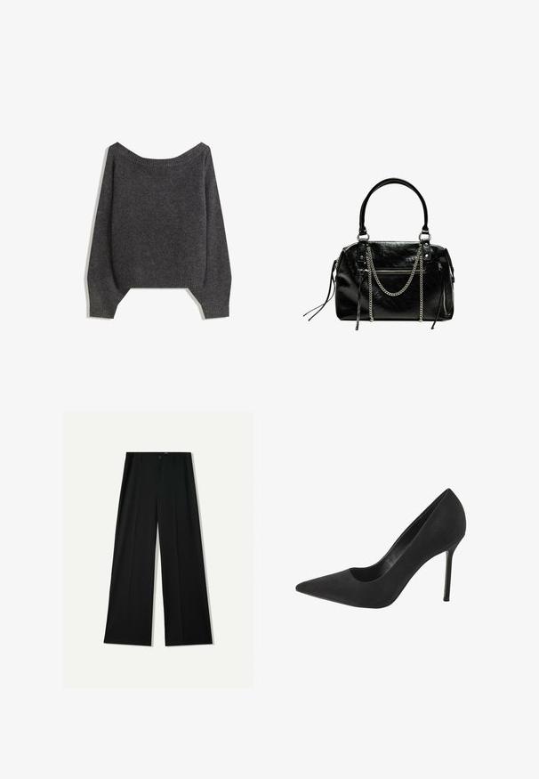 Maglione grigio scuro sceso sulle spalle con colletto a costine e maniche a palloncino, realizzato in un tessuto a maglia testurizzato. Dettagli sull'orlo corto.; Bershka WIDE - Pantaloni - black; Pump neri in suede con tacco alto, punta affusolata e dettaglio a taglio sul lato; presenta un sottile tacco a stiletto e una fodera interna liscia.; Bershka WITH CHAIN - Borsa a mano - black