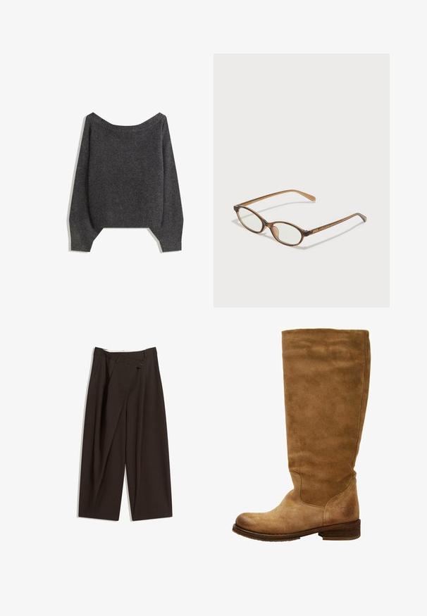 Pull sombre gris à épaules dénudées avec un col côtelé et des manches ballons, conçu en tissu tricoté texturé. Détails de l'ourlet court.; Pantalons larges marron foncé à taille haute, dotés d'une fermeture à un bouton et d'un devant plissé. Confectionnés en tissu léger.; Botte en daim marron à talon bas, arrivant au genou, avec un bout arrondi. Fini lisse, couture minimale et un détail de logo près du talon.; Lunettes en écaille de tortue marron avec des verres ovales, des branches fines et des accents transparents. Présente un logo subtil sur la branche. Design élégant et léger.; Sac bandoulière en cuir marron avec une forme incurvée, quincaillerie dorée et un accent en boucle. Comprend une bandoulière détachable.