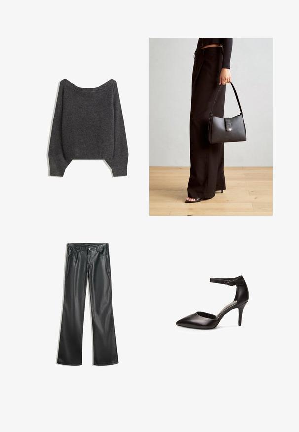 Dark gray off-the-shoulder sweater with ribbed neckline and balloon sleeves, crafted from a textured knit fabric. Cropped hemline details.; Black faux leather flared pants with a smooth texture, five-pocket design, front zipper, and contrasting stitching.; Black leather high heel shoe with a pointed toe, ankle strap, and a slender heel. Smooth texture and minimal hardware.; Black handbag with structured shape, smooth texture, and a metallic clasp. Paired with wide black pants and open-toe sandals on wooden floor.