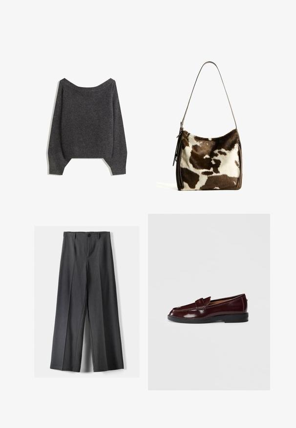 Dark gray off-the-shoulder sweater with ribbed neckline and balloon sleeves, crafted from a textured knit fabric. Cropped hemline details.; Wide-leg trousers in dark grey fabric, featuring a button closure, front pleats, and belt loops. Smooth texture with a tailored design.; Dark burgundy leather loafer with a black sole, penny strap detail, and low heel, shown from the outer side on a white background.; Brown and cream cowhide shoulder bag with a smooth leather strap, zip closure, and a soft, textured surface featuring a natural pattern.