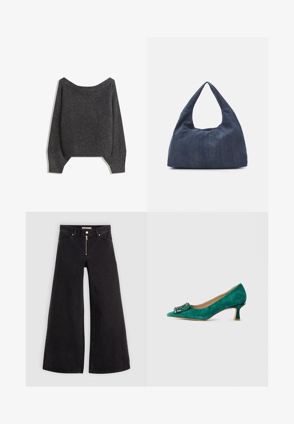 Sötét szürke, vállra húzható pulóver bordázott kivágással és lufis ujjakkal, texturált kötött anyagból készült. Rövidített szegély részletek.; Fekete denim széles szárú farmer, cipzáros elejével, öt zsebes kialakítással és diszkrét varrással. Sima textúra és laza stílus.; Zöld velúr, kislábú cipő, hegyes orral és díszes, ékszerekkel díszített csattal az elején, oldalnézetből bemutatva, fehér háttér előtt.; Sötétkék farmer táska puha, laza formával, hobo-stílusú fogantyúval és textúrált felülettel. Látható fémrész nélküli.