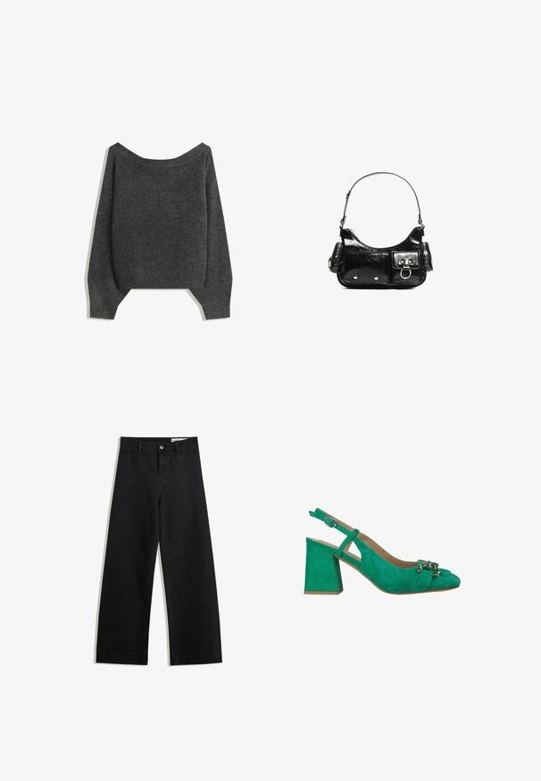 Pulover off-the-shoulder de culoare gri închis, cu guler cu nervuri și mâneci tip balon, fabricat dintr-un material tricotat texturat. Detalii cu tiv scurt.; Pantaloni din denim negri cu picioare largi, cu talie înaltă, având buzunare frontale și posterioare, cusături dublate și închidere cu nasture. Textură netedă.; Saboturi din suede verde cu toc pătrat, decorate cu o bijuterie ornamentală pe vârf pentru un plus de detaliu.; Geantă de mână din piele lăcuită neagră, cu o formă curbată, un umăr, buzunare frontale și accente din metal argintiu.