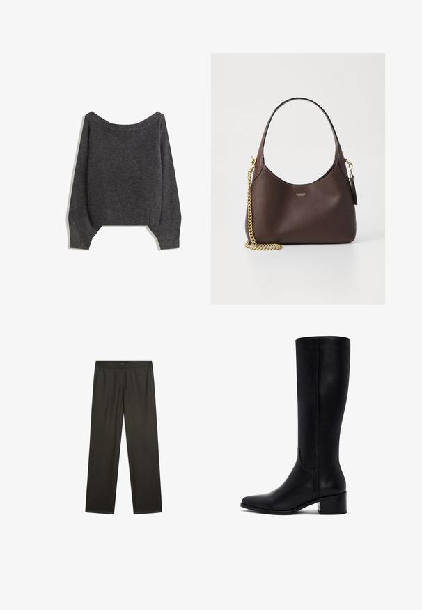 Czarnoszary sweter typu off-the-shoulder z prążkowanym dekoltem i bufiastymi rękawami, wykonany z teksturowanej dzianiny. Szczegóły krótkiego dołu.; Ciemnozielone, szerokie spodnie o gładkiej fakturze, z elastycznym paskiem w talii i bocznymi kieszeniami. Prosty fason bez widocznych wzorów ani okuć.; Czarne skórzane botki za kolano z szpiczastym noskiem, blokowym obcasem i gładką teksturą. Cechuje się prostym wzornictwem z minimalnymi detalami.; COACH BROOKLYN ciemnobrązowy