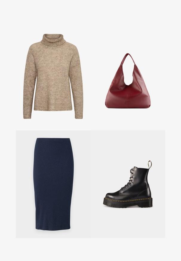 Bēša džemperis ar augstu, saliektu bekonu. Izgatavots no teksturēta dzijām. Iezīmē garas piedurknes un brīvu piegriezumu, ar ribinātu apdari ap malu.; Trikotāžas zīmuļu svārki tumši zilo krāsā, ar piegulošu siluetu, vidus teļu garumu un gludu tekstūru vienkāršā, vienkrāsainā dizainā.; Melnas ādas lakotās potītes ar masīvu melnu zoli un dzelteno šuvju. Izvērsta cilpa aizmugurē un apaļie metāla acu caurumi.; Sarkana ādas hobo soma ar plašu, vaļīgu dizainu un lielu atvērumu, piedāvā subtilu faktūru un uz priekšu iepresēta logotipa dizainu.