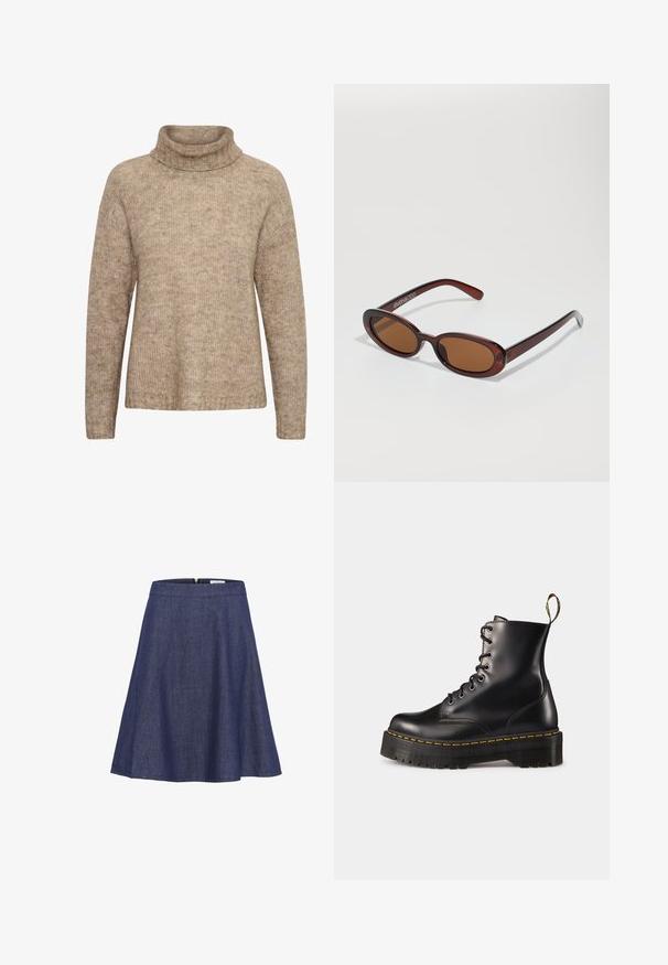 Bež pulover s visokim, preklopnim ovratnikom. Narejen je iz teksturirane pletene tkanine. Ima dolge rokave in sproščen kroj, s kostanjevim detajlom na robu.; Jeans A-linija krilo, temno modro, do kolen, z gladkim pasom in skritim zadrgo ter razširjenim krojem. Nežen teksturiran detajl.; Črne usnjen lace-up gležnjarje z debelim črnim podplatom in rumenim šivanjem. Imajo zanko na hrbtni strani in okrogle kovinske učke.; Okrogle, rjavo obarvane sončne naočare z sijočim burgundskim okvirjem. Tanek nosilec s subtilnim logotipom. Oblika leč je ravna.