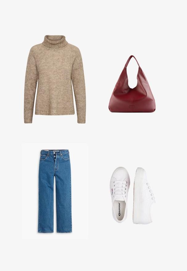Beige Pullover mit hohem, umgeschlagenem Rollkragen. Aus strukturiertem Strickstoff gefertigt. Verfügt über lange Ärmel und eine lässige Passform, mit Rippdetails am Saum.; Langärmliges, weißes T-Shirt aus weicher Baumwolle. Es hat einen Rundhalsausschnitt und einen geraden Schnitt mit minimalen Nähten sowie ohne sichtbare Logos oder Muster.; Blaue Denim-Jeans mit geradem Bein, hoher Taille, fünf Taschen und Knopfverschluss. Auffällige Nähte und Nieten in Kupferfarbe.; Superga 2730 - Sneaker low - white; Rote Leder-Hobo-Tasche mit einem breiten, lässigen Design und einer großen Öffnung, die eine dezente Textur und ein auf der Vorderseite prägtes Logo aufweist.