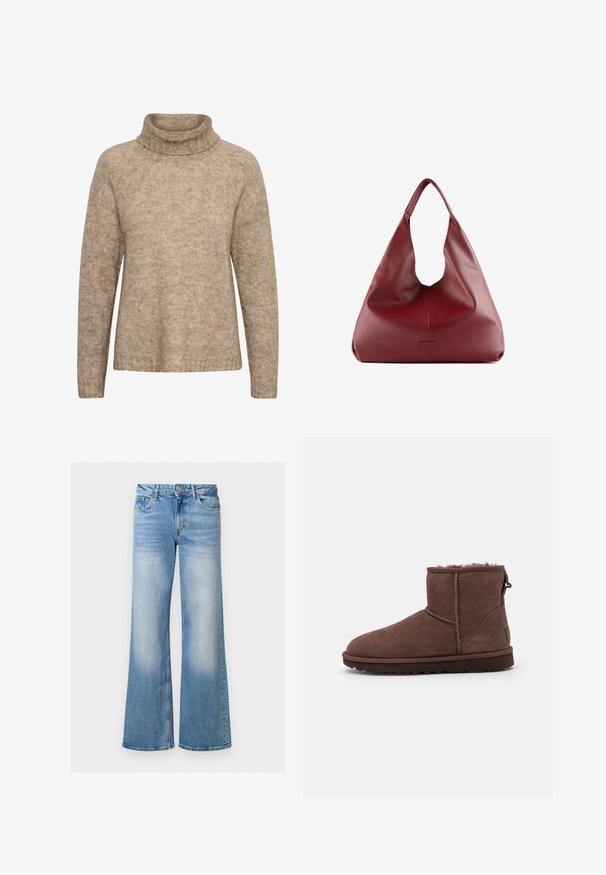 Beige trui met een hoge, omgeslagen col. Gemaakt van een gestructureerde breisel. Heeft lange mouwen en een relaxte pasvorm, met ribbel details aan de onderrand.; Langsleeve witte t-shirt van zacht katoen. Heeft een ronde halslijn en een rechte snit met minimale naden en geen zichtbare logo's of patronen.; Lichtblauwe denim flared jeans met een vervaagde textuur, hoge taille en vijf-pocketdesign, voorzien van een knoop- en ritssluiting.; UGG CLASSIC MINI II - Snowboots - burnt cedar; Rode leren hobo tas met een brede, slungelige vorm en een grote opening, met een subtiele textuur en een op de voorkant geperst logo.