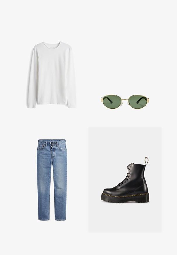 Maglione beige con collo alto ripiegato. Realizzato in tessuto a maglia testurizzata. Presenta maniche lunghe e una vestibilità rilassata, con dettagli a costine sull'orlo.; T-shirt bianca a maniche lunghe realizzata in cotone morbido. Presenta una scollatura rotonda e un taglio dritto con cuciture minime e senza loghi o motivi visibili.; Jeans in denim blu chiaro con taglio dritto, design a cinque tasche e chiusura con bottone. Presentano una leggera sbiaditura e dettagli in cucitura arancione.; Stivali alla caviglia in pelle nera con lacci, dotati di una suola nera spessa e cuciture gialle. Presentano una linguetta sul retro e occhielli metallici circolari.; Occhiali da sole con montatura dorata e lenti verdi, forma ovale, stanghette nere e naselli trasparenti. Design pulito e minimalista.; Borsa hobo in pelle rossa con un design ampio e morbido e una grande apertura, caratterizzata da una sottile texture e un logo impresso sul davanti.