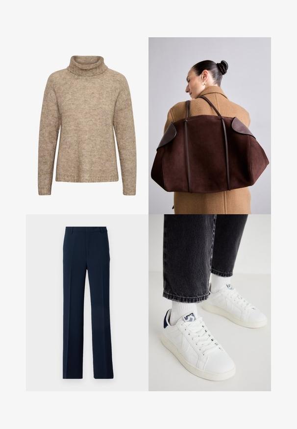Maglione beige con collo alto ripiegato. Realizzato in tessuto a maglia testurizzata. Presenta maniche lunghe e una vestibilità rilassata, con dettagli a costine sull'orlo.; Pantaloni blu navy realizzati in tessuto morbido, con un design a gamba dritta, pieghe frontali e tasche laterali per un look sartoriale.; Sneaker bianche in pelle con accenti blu navy, design perforato e lacci piatti. Presentano un'etichetta sul linguetta con il marchio e una suola in gomma di colore chiaro.; Borsa in suede marrone con dettagli in pelle scura, caratterizzata da una forma strutturata e due manici, portata a spalla contro un cappotto beige.