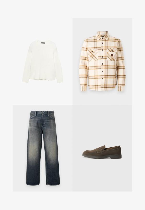 Bijela puloverica izrađena od mekog, teksturiranog materijala. Ima okrugli izrez i duge rukave. Ravno krojena donja ivica s opuštenim krojem.; Brixton BOWERY - Majica - white cap/pinecone brown/saffron; Široke traperice u tamnoplavom denimu s gradijentnim završetkom, s dugmetom za zatvaranje, dizajnom od pet džepova i strukturiranim šavovima.; Smeđi antilop mokasini s округлим nosom, trakom preko gornjeg dela, i ravnim gumiranim đonom. Jednostavan dizajn s čistim linijama i minimalnim detaljima.