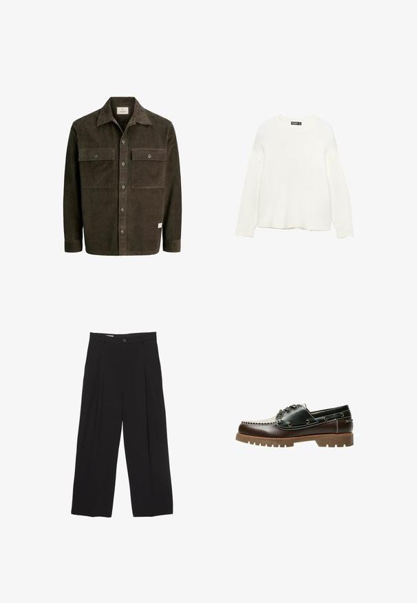 Maglione bianco realizzato in materiale morbido e testurizzato. Presenta un collo a giro e maniche lunghe. Orlo dritto con un taglio rilassato.; Giacca di velluto a coste marrone con texture a costine verticali, chiusura a bottoni frontale, due tasche sul petto e colletto classico, con un'etichetta del marchio discreta sull'orlo.; Pantaloni neri a gamba larga realizzati in tessuto morbido, con vita piatta, pinces frontali e chiusura con un bottone.; Scarpa da barca in pelle marrone e nera con lacci, cuciture a contrasto e suola in gomma texturizzata. Presenta occhielli in metallo e punta arrotondata.