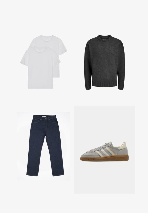 Donkergrijs gebreid sweater met een ronde hals, geribbelde onderrand en manchetten, met een licht losvallende pasvorm en een gladde textuur.; Twee witte katoenen t-shirts met ronde hals, korte mouwen en een zachte textuur. Beide hebben een effen kleur en geen zichtbare patronen of hardware.; Donkerblauwe jeans van denim, met een rechte pasvorm, vijf-pocket ontwerp en contrasterende stiksels langs de naden.; Grijze suède sneakers met lichtgrijze leren strepen en een gomrubberen zool. Kenmerken zijn een vetersluiting en subtiele branding op de tong.