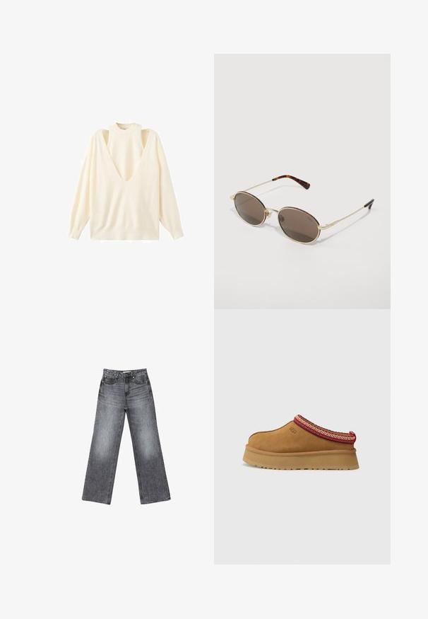 Kremozna dolga majica z dolgimi rokavi, globokim V-izrezom in izrezanim dizajnom na ramionih. Mehka tkanina z sproščenim krojem ter rebrastim izrezom in manšetami.; Široke temno sive jeans hlače iz denima s izrabljenim videzom, petimi žepi, gumbom za zapiranje in diskretnimi šivi ob šivih.; Rjavi suede natikači z rdečo in smetano obrobo z vzorcem, teksturiranimi podplati in logotipom UGG na strani. Imajo rahlo povišano platformo.; Sončna očala z ovalnimi rjavimi lečami, z zlatim kovinskim okvirjem in večbarvnimi cvetličnimi poudarki na obrvah in ročajih, z odtenkom želvovine na konicah.