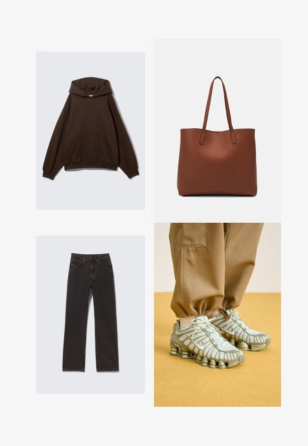 Brun oversized hoodie gjord av bomullsblandat tyg, med en stor huva, framficka och ribbade ärmmuddar. Slät textur med minimal design.; Svarta jeans i denim med rak benmodell, fem fickor och knapplåsning. Noterbara textur- och sömnaddetaljer syns tydligt.; Nike-sneakers med en pastellgrön mesh-övre del, tjock grå sula och subtil märkning, tillsammans med khaki-joggers. Texturerade detaljer synliga.; Brun läder tote-väska med en slät textur, öppen toppdesign och två axelremmar. Har minimal söm och ingen synlig metalldetalj.