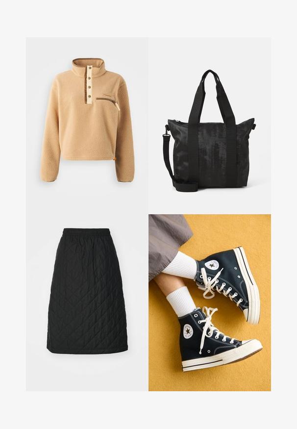 Bežinis fliso megztinis su aukštu apykakle, puse mygtuko ir kairiu krūtiniu užtraukiamu kišenė. Textūrinė medžiaga su rudos spalvos akcentais.; Carhartt WIP SELMA SKIRT - Trapecinis sijonas - black; Juodos aukštos kanvos sportbačiai su baltais raišteliais ir guminiais padais, ant išorinės pusės esantis apvalus Converse All Star logotipas.; Juodas pirkinių krepšys su tekstūruotu audiniu, dviem viršutinėmis rankenomis ir nuimamu petiniu diržu. Yra užtrauktuku uždaroma kišenė saugiam daiktų laikymui.