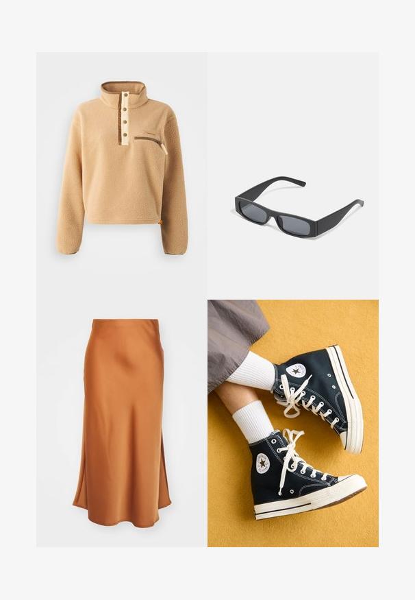 Beige fleece-paita, jossa on korkea kaulus, puolivälin napitus ja vasemmassa rinnassa vetoketjupussi. Rakenne, jossa on ruskeita yksityiskohtia.; Satiinimidi-hame poltetuissa oransseissa, pehmeällä tekstuurilla, sivurei'ällä ja hieman levenevällä helmaosalla, joka luo liikkuvaa siluettia.; Musta korkea kangaskengät valkoisilla nauhoilla ja kumipohjilla, joissa on pyöreä Converse All Star -logo ulkopuolella.; Mustat suorakulmaiset aurinkolasit tummilla linsseillä ja paksuilla mattepinnoilla. Varsien malli on hieman kapeneva ja pinta sileä.