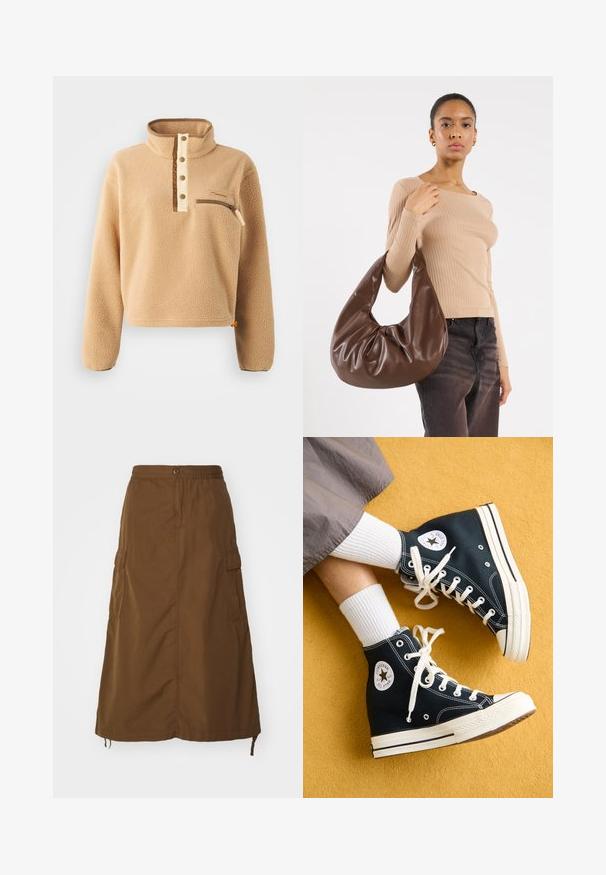 Pullover in pile beige con colletto alto, parziale allacciatura a bottoni e tasca con zip sul petto sinistro. Tessuto testurizzato con dettagli marroni.; Gonna marrone fino alla caviglia realizzata in tessuto resistente. Caratterizzata da una vita elastica, chiusura con bottone e tasche cargo laterali. Texture liscia.; Sneakers alte nere in tela con lacci bianchi e suole in gomma, caratterizzati da un logo rotondo Converse All Star sul lato esterno.; Borsa hobo in pelle marrone con un design morbido e una texture liscia. Indossata casualmente da un modello, presenta un'ampia apertura e una forma rotonda.