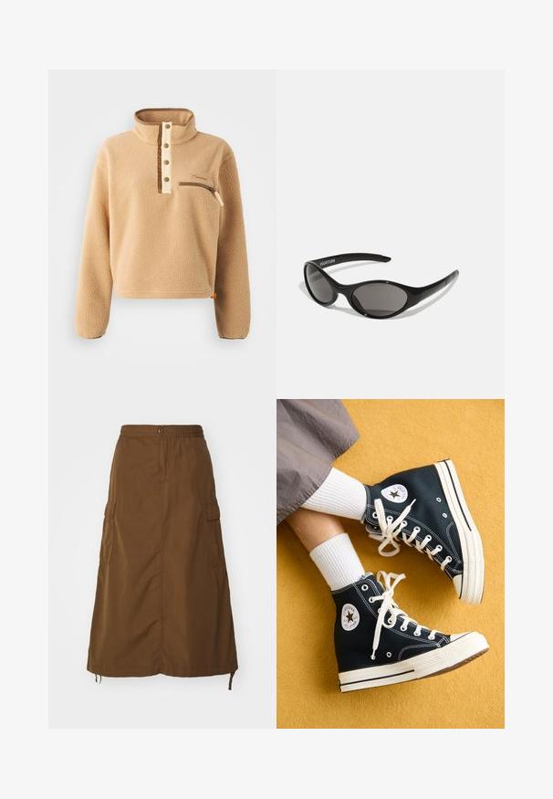Bežna flis pulover s visokim ovratnikom, polgumbno zapiranje ter žepom na zadrgo na levem prsnem delu. Teksturna tkanina z rjavimi akcenti.; Rjava krila do gležnjev iz trpežnega materiala. Ima elastičen pas, gumbasto zapiranje in stranske žepke. Gladka tekstura.; Črne visokotopne platnene teniske z belimi vezalkami in gumijastimi podplati, ki imajo okroglo Converse All Star oznako na zunanji strani.; Črne sončna očala ovalne oblike s temnimi lečami. Eleganten plastični okvir z teksturiranimi poudarki na ročajih. Blagovna znamka na strani.