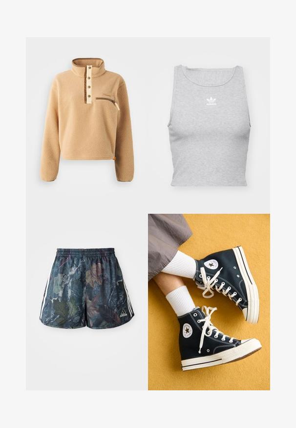 Beige fleece-paita, jossa on korkea kaulus, puolivälin napitus ja vasemmassa rinnassa vetoketjupussi. Rakenne, jossa on ruskeita yksityiskohtia.; Harmaa, hihaton crop top, joka on valmistettu pehmeästä kankaasta. Siinä on pyöreä kaula-aukko ja pieni valkoinen Adidas-logo rinnassa.; Aikuisten shortsit, joissa on monivärinen lehtimalli tummalla taustalla, joustava vyötärö ja valkoiset sivuraitat.; Musta korkea kangaskengät valkoisilla nauhoilla ja kumipohjilla, joissa on pyöreä Converse All Star -logo ulkopuolella.