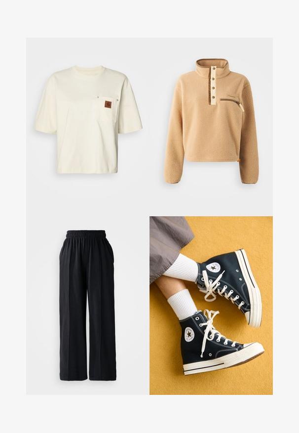 Beige fleece genser med høy krage, halvknappelukking, og en glidelåslomme på venstre bryst. Teksturert stoff med brune detaljer.; Kortermet, kremfarget t-skjorte laget av bomull, med en lomme på brystet som har en brun etikett og trykknapper. Vanlig passform.; Sorte vide bukser med elastisk liv, laget av mykt stoff, med en glatt tekstur og rene designlinjer.; Sorte høyhælte kanvas sneakers med hvite snøringer og gummisåler, med en rund Converse All Star-logo på den ytre siden.