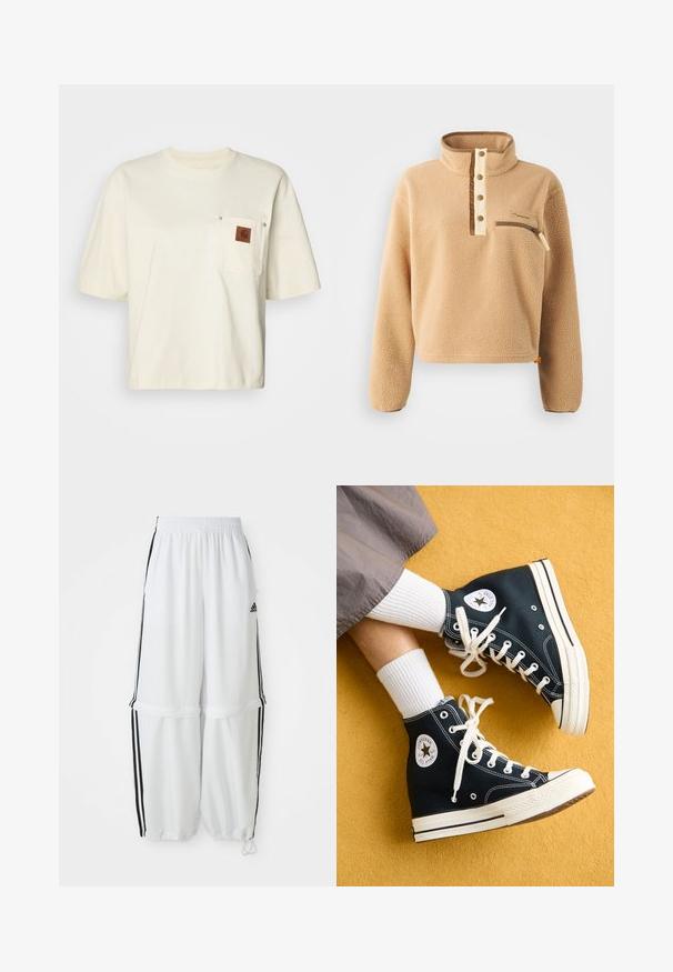 Bežinis fliso megztinis su aukštu apykakle, puse mygtuko ir kairiu krūtiniu užtraukiamu kišenė. Textūrinė medžiaga su rudos spalvos akcentais.; Trumpas rankovės, kreminės spalvos marškinėliai, pagaminti iš medvilnės, su krūtinės kišene, ant kurios yra ruda etiketė ir snapo detalės. Reguliaraus kirpimo dizainas.; Balti sportiniai keliai su laisvu kirpimu, elastinga juosta talijoje ir juodomis šoninėmis juostomis. Yra užtrauktukų kišenės ir elastingi rankogaliai prie kulkšnies.; Juodos aukštos kanvos sportbačiai su baltais raišteliais ir guminiais padais, ant išorinės pusės esantis apvalus Converse All Star logotipas.