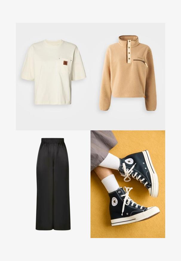 Pullover in pile beige con colletto alto, parziale allacciatura a bottoni e tasca con zip sul petto sinistro. Tessuto testurizzato con dettagli marroni.; T-shirt a maniche corte di colore crema, realizzato in cotone, con taschino sul petto dotato di un'etichetta marrone e dettagli a pressione. Design a vestibilità regolare.; Pantaloni neri a gamba larga realizzati in un tessuto liscio e lucido, con una vita elastica e senza tasche visibili o dettagli in metallo.; Sneakers alte nere in tela con lacci bianchi e suole in gomma, caratterizzati da un logo rotondo Converse All Star sul lato esterno.