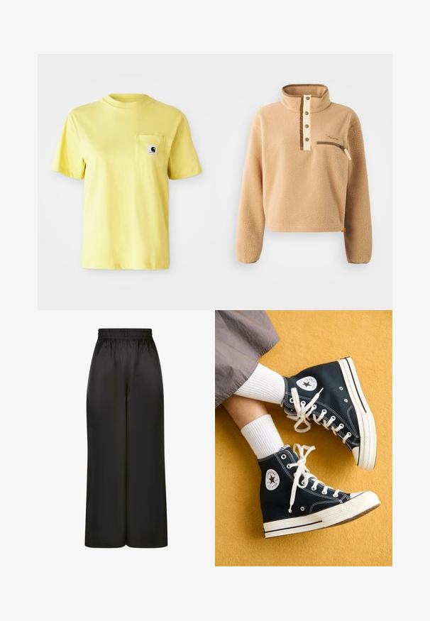 Pulover bej din fleece cu guler înalt, ușor cu nasturi și un buzunar cu fermoar pe partea stângă a pieptului. Material texturat cu accente maronii.; Tricou din bumbac galben, cu mâneci scurte, decolteu rotund și un buzunar frontal cu un patch cu logo negru. Textură netedă, design casual.; Pantaloni negri cu picioare largi, fabricați dintr-un material neted și lucios, cu un elastic la talie și fără buzunare vizibile sau detalii metalice.; Sneakers negri tip pantofi sport, din pânză, cu șireturi albe și tălpi din cauciuc, având un logo rotund Converse All Star pe partea exterioară.