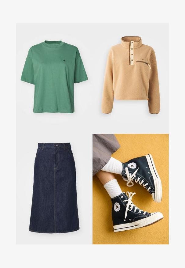 Bež flis pulover s visokim ovratnikom, polu-dugim patentnim zatvaračem i džepom na patentni zatvarač na lijevoj strani prsnog dijela. Teksturirani materijal s smešnim akcentima.; Carhartt WIP CHESTER - Osnovna majica kratkih rukava - duck green; Tamni traper suknja s visokim strukom, ravnog kroja, prednjim džepovima i šavovima. Ima zatvarač i dugme na struku.; Crne visoke platnene tenisice s bijelim vezicama i gumene potplate, s okruglim Converse All Star logotipom na vanjskoj strani.