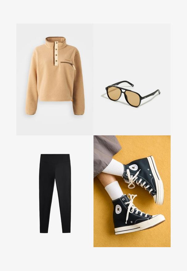 Beige fleece pullover med høj krave, halvdels knaplukning og en lynlåslomme på venstre bryst. Teksturstof med brune accenter.; Sorte leggings lavet af glat, strækbart stof. Har en bred talje og en tapered ben-design, velegnet til aktiv eller afslappet brug.; Sorte høje kanvas sneakers med hvide snørebånd og gummisåler, med et rundt Converse All Star-logo på den ydre side.; Sorte solbriller med brune tonede linser; rektangulær form med en tyk ramme, herunder diskrete hardwaredetaljer på stængerne.
