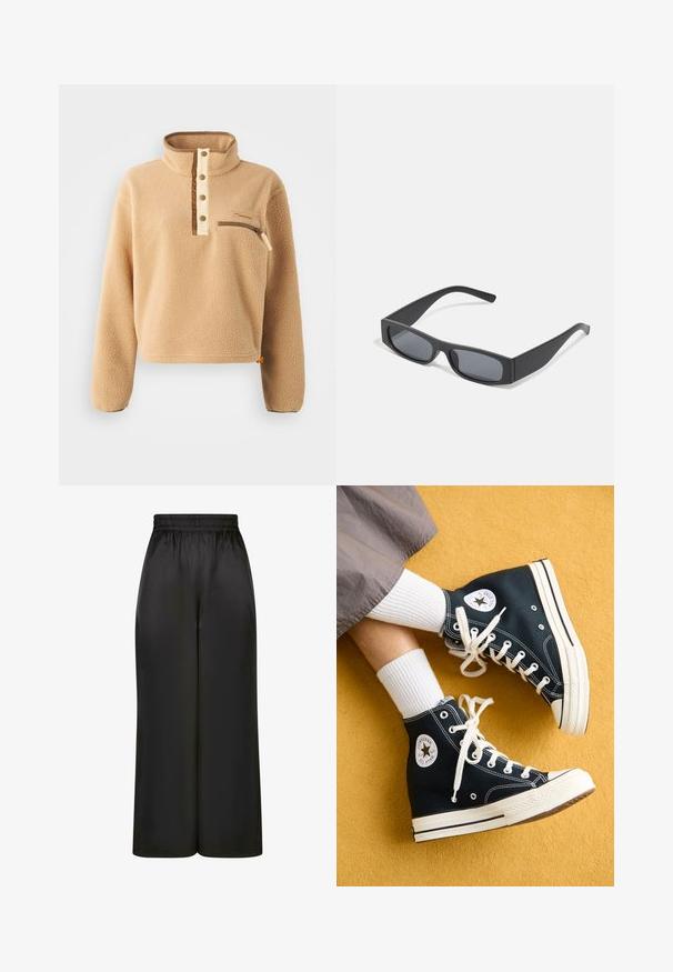 Beżowy polar z wysokim kołnierzem, pół-zapięciem na guziki i kieszenią na suwak na lewej piersi. Teksturowany materiał z brązowymi akcentami.; Czarne spodnie z szerokimi nogawkami, wykonane z gładkiego, błyszczącego materiału, z elastycznym pasem i bez widocznych kieszeni ani elementów metalowych.; Czarne, wysokie sneakersy z płótna z białymi sznurowadłami i gumowymi podeszwami, z okrągłym logo Converse All Star po zewnętrznej stronie.; Czarne prostokątne okulary przeciwsłoneczne z ciemnymi soczewkami i grubymi matowymi oprawkami. Ramiona są lekko zwężone i mają gładką teksturę.