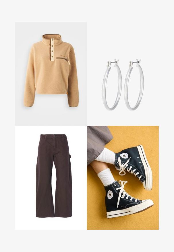 Béžový fleecový svetr s vysokým límcem, zapínáním na polovinu knoflíku a bočním zipovým kapsou na levé hrudi. Texturovaná tkanina s hnědými akcenty.; Hnědé cargo kalhoty s širokými nohavicemi, vyrobené z odolné tkaniny. Obsahují postranní kapsy a zapínání na knoflík. Jednoduché švy.; Černé vysoké plátěné tenisky s bílými tkaničkami a gumovou podrážkou, se zaobleným logem Converse All Star na vnější straně.; Stříbrné kruhové náušnice s hladkým, lesklým povrchem. Kulatý tvar a bezpečné zapínání na klip. Lehký design vhodný pro každodenní nošení.