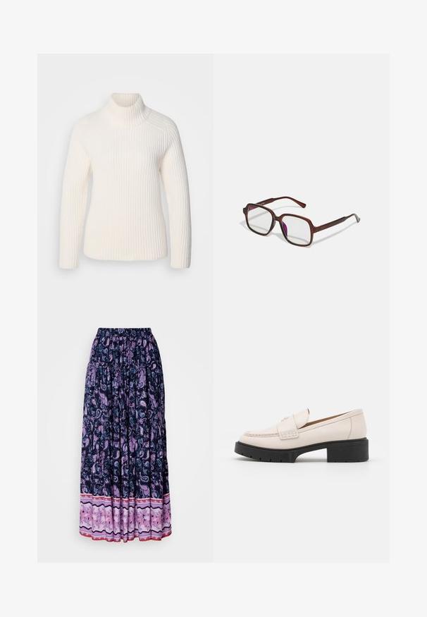 Fehér, bordázott garbós pulóver puha kötött anyagból. Hosszú ujjak jellemzik, karcsú sziluettje van, és magas, felgöngyölt nyakrészével rendelkezik.; Sötétkék maxi szoknya részletes lila paisley mintával; rugalmas derékpánttal és rétegzett szegéllyel, melynek alján kontrasztos virágos anyag található.; Világos bézs bőrcipők, vart elülső résszel és texturált fekete platform sarkal. Ívelt formatervezés és enyhe emelkedés jellemzi.; Barna, téglalap alakú szemüveg áttetsző lencsékkel és lila árnyalattal. Simító műanyag keret, egyenes szárakkal és diszkrét díszítésekkel.