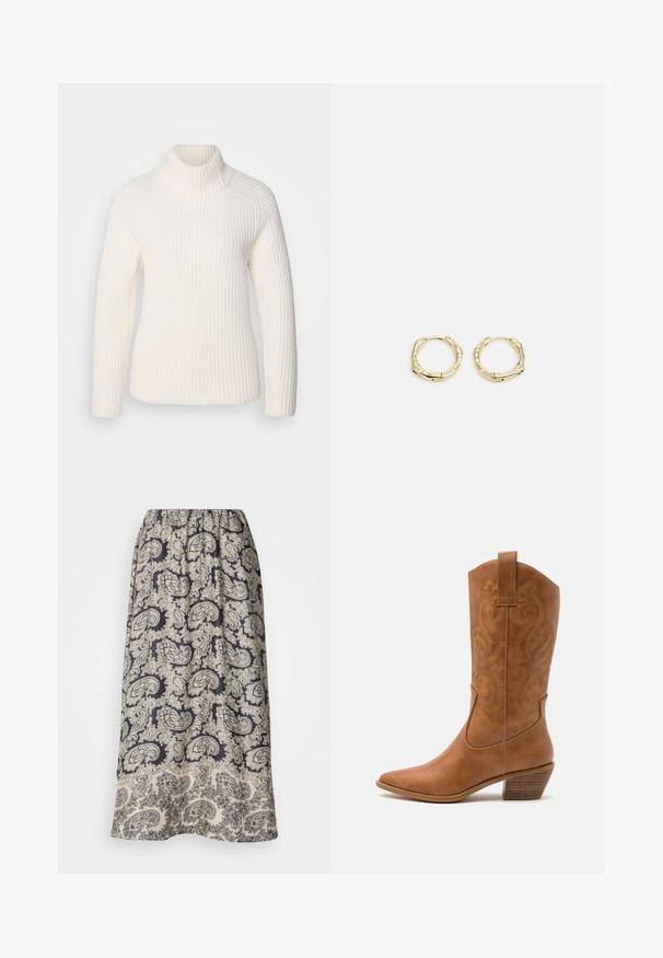 Bílý žebrovaný rolák vyrobený z jemného pleteného materiálu. Má dlouhé rukávy, přiléhavý střih a vysoký, stočený límec.; Plyšová sukně s elastickým pasem, která má námořnickou modrou základnu s propracovanými béžovými paisley vzory a květinovými akcenty. Měkká tkanina s hladkým povrchem.; Hnědé kožené kovbojské boty s špičatou špičkou, vyšívanými spirálovými vzory na štítech a s blokovým podpatkem. Obsahují poutko pro snadné obouvání.; Zlaté kruhové náušnice s texturovaným, nepravidelným tvarem. Disponují bezproblémovým uzávěrem a leštěným povrchem, což zdůrazňuje moderní design.