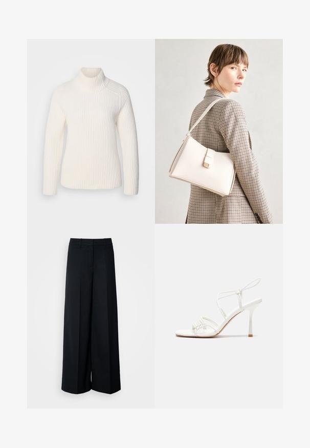 Suéter de cuello alto de canalé blanco en un material de punto suave. Presenta mangas largas, una silueta ajustada y un cuello alto enrollado.; Pantalones anchos negros de cintura alta, con plisados, bolsillos laterales y una textura suave. El diseño enfatiza una silueta recta.; Sandalia de tacón alto blanca con tiras, con una base plana en la punta, parte frontal texturizada con acentos fruncidos y una delgada correa en el tobillo.; Bolso de mano de cuero blanco con un diseño estructurado, que presenta un cierre magnético y una correa para el hombro, exhibido sobre un fondo neutro.