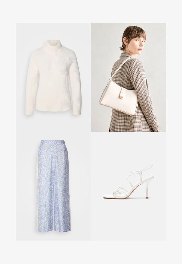 White ribbed turtleneck sweater in a soft knit material. Features long sleeves, a fitted silhouette, and a high, rolled neckline.; Light blue wide-leg pants featuring a textured floral pattern in white. Made from soft fabric with a smooth finish and a high waist design.; White strappy high-heeled sandal with a flat toe base, textured front with gathered accents, and a slim ankle strap.; White leather handbag with a structured design, featuring a magnetic clasp and a shoulder strap, showcased against a neutral background.