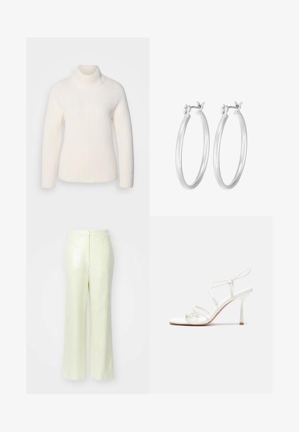 Bílý žebrovaný rolák vyrobený z jemného pleteného materiálu. Má dlouhé rukávy, přiléhavý střih a vysoký, stočený límec.; Světle žluté, sequined kalhoty s širokými nohavicemi, které mají hladkou texturu a diskrétní zadní zip pro zapínání.; Bílé sandály na vysokém podpatku s tenkým páskem kolem kotníku, plochou špičkou, texturovaným předním dílem s nařasenými detaily.; Stříbrné kruhové náušnice s hladkým, lesklým povrchem. Kulatý tvar a bezpečné zapínání na klip. Lehký design vhodný pro každodenní nošení.