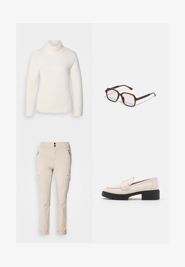 Bílý žebrovaný rolák vyrobený z jemného pleteného materiálu. Má dlouhé rukávy, přiléhavý střih a vysoký, stočený límec.; Béžové cargo kalhoty s úzkým střihem, které mají dvě přední zipové kapsy a boční cargo kapsy. Materiál vypadá měkce s mírným leskem.; Světlobéžové kožené mokasíny se střiženým předním dílem a texturovaným černým platformovým podpatkem. Obsahují zakřivený design a mírné zvýšení.; Hnědé, obdélníkové brýle s průhlednými skly a fialovými odstíny. Hladký plastový rám s rovnými nohami a jemnými akcenty.