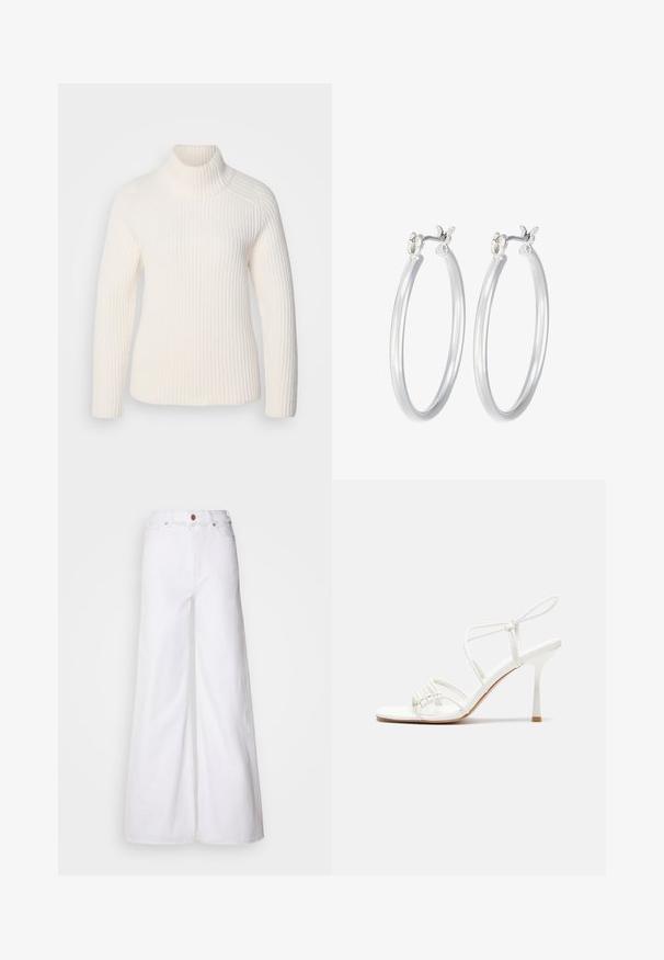 Suéter de cuello alto de canalé blanco en un material de punto suave. Presenta mangas largas, una silueta ajustada y un cuello alto enrollado.; Jeans blancos de pierna ancha hechos de denim, con cintura alta, cinco bolsillos y cierre de botón con acentos metálicos. Textura suave.; Sandalia de tacón alto blanca con tiras, con una base plana en la punta, parte frontal texturizada con acentos fruncidos y una delgada correa en el tobillo.; Pendientes de aro de plata con un acabado liso y pulido. Forma redonda y cierre de click seguro. Diseño ligero adecuado para el uso diario.