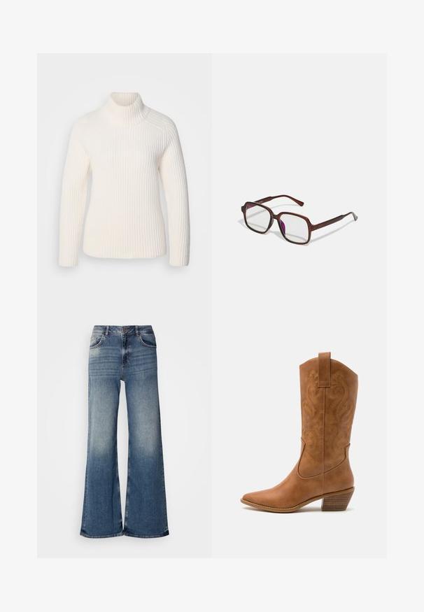 Bílý žebrovaný rolák vyrobený z jemného pleteného materiálu. Má dlouhé rukávy, přiléhavý střih a vysoký, stočený límec.; Světlé modré denimové široké kalhoty s vysokým pasem, s vybledlými místy, klasickým designem pěti kapes a roztrhaným lemem.; Hnědé kožené kovbojské boty s špičatou špičkou, vyšívanými spirálovými vzory na štítech a s blokovým podpatkem. Obsahují poutko pro snadné obouvání.; Hnědé, obdélníkové brýle s průhlednými skly a fialovými odstíny. Hladký plastový rám s rovnými nohami a jemnými akcenty.; Stříbrné kruhové náušnice s hladkým, lesklým povrchem. Kulatý tvar a bezpečné zapínání na klip. Lehký design vhodný pro každodenní nošení.