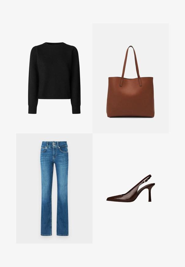 Črn pleten pulover z dolgimi rokavi, okroglim izrezom in skrajšano prileganjem. Ima rebraste manšete in rob. Mehak material, enotna barva.; Modri jeansi s flared krojem in srednjim pasom, ki imajo dve sprednji žepi, dve zadnji žepi in kontrastno šivanje.; Rjava usnjena slingback čevlja s koničastim nosom in tankim petam. Ima majhno dekorativno sponko na traku in sijajno površino.; Rjava usnjena torba z gladko teksturo, odprto zasnovo zgoraj in dvema naramnima trakovoma. Opremljena je z minimalnim šivanjem in brez vidnih kovinskih delov.